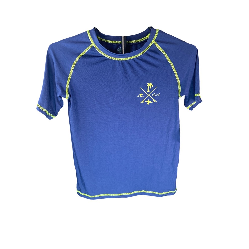 Quad Seven Navy Blue Short Sleeve Rash Guard Swim Shirt Lime Green Stitching L